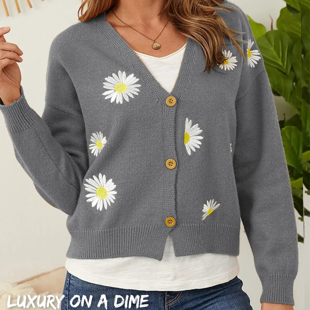 Embroidered Cropped Classic Knit Button Front Retro Long Sleeve Soft Cardigan